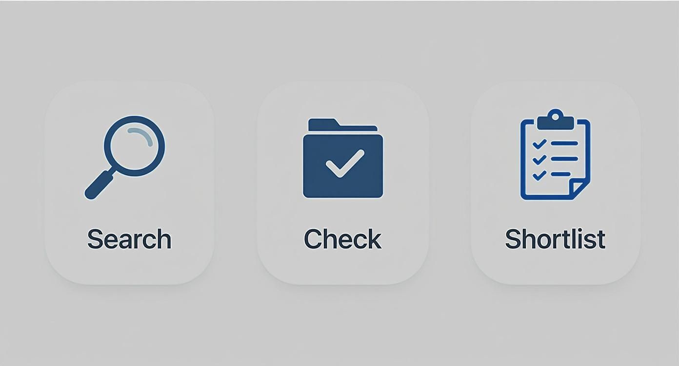 Three blue icons showing search magnifying glass, folder with checkmark, and clipboard checklist for cabinet selection process