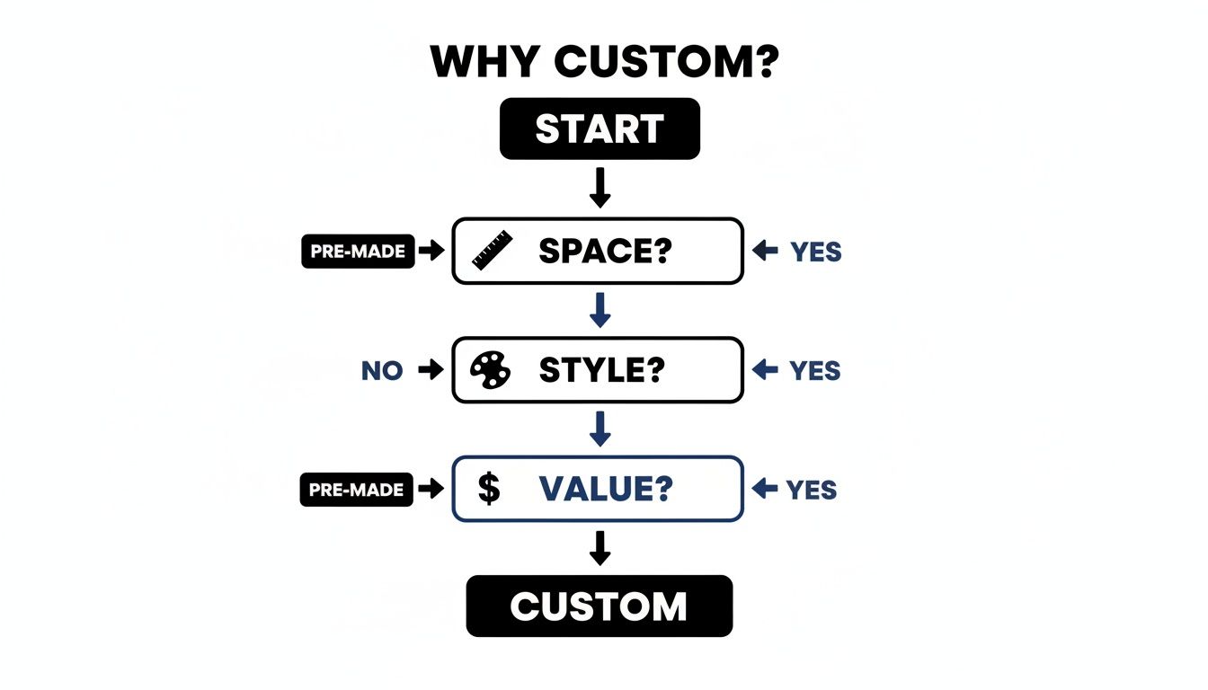Flowchart illustrating why custom options are chosen over pre-made, based on space, style, and value.