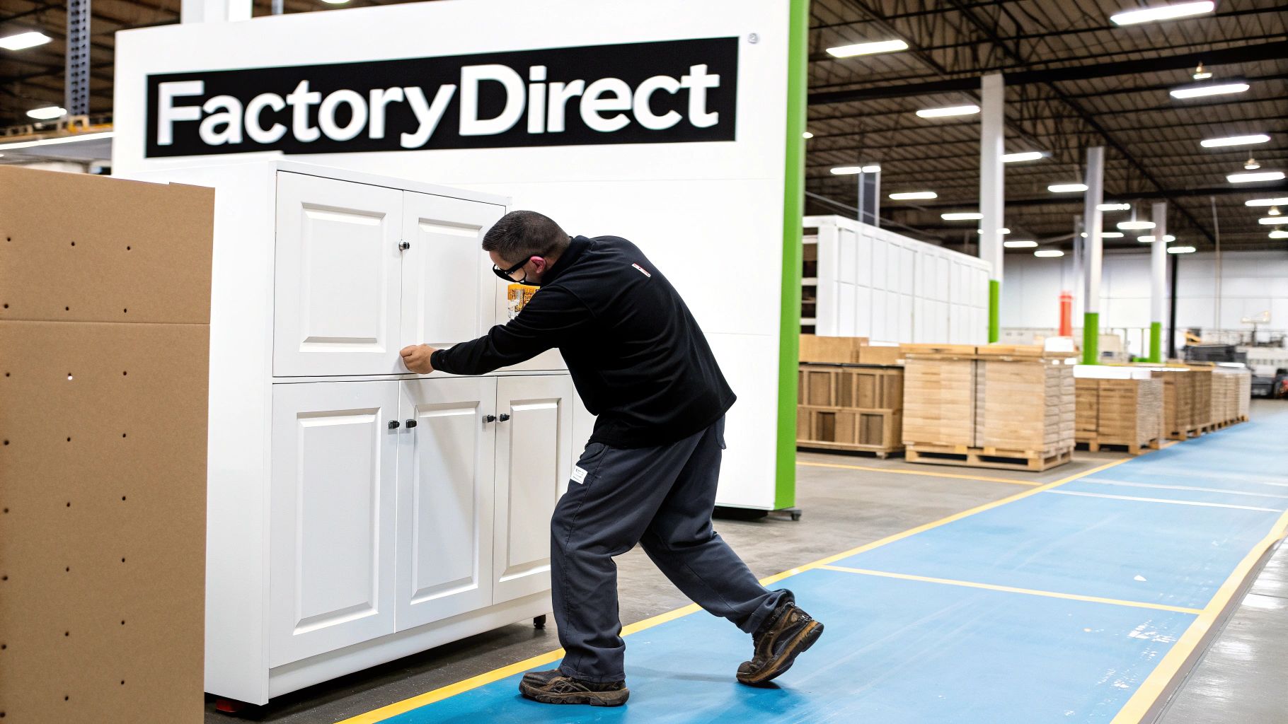 A worker adjusts a white kitchen cabinet door in a 'FactoryDirect' warehouse, surrounded by manufacturing materials.