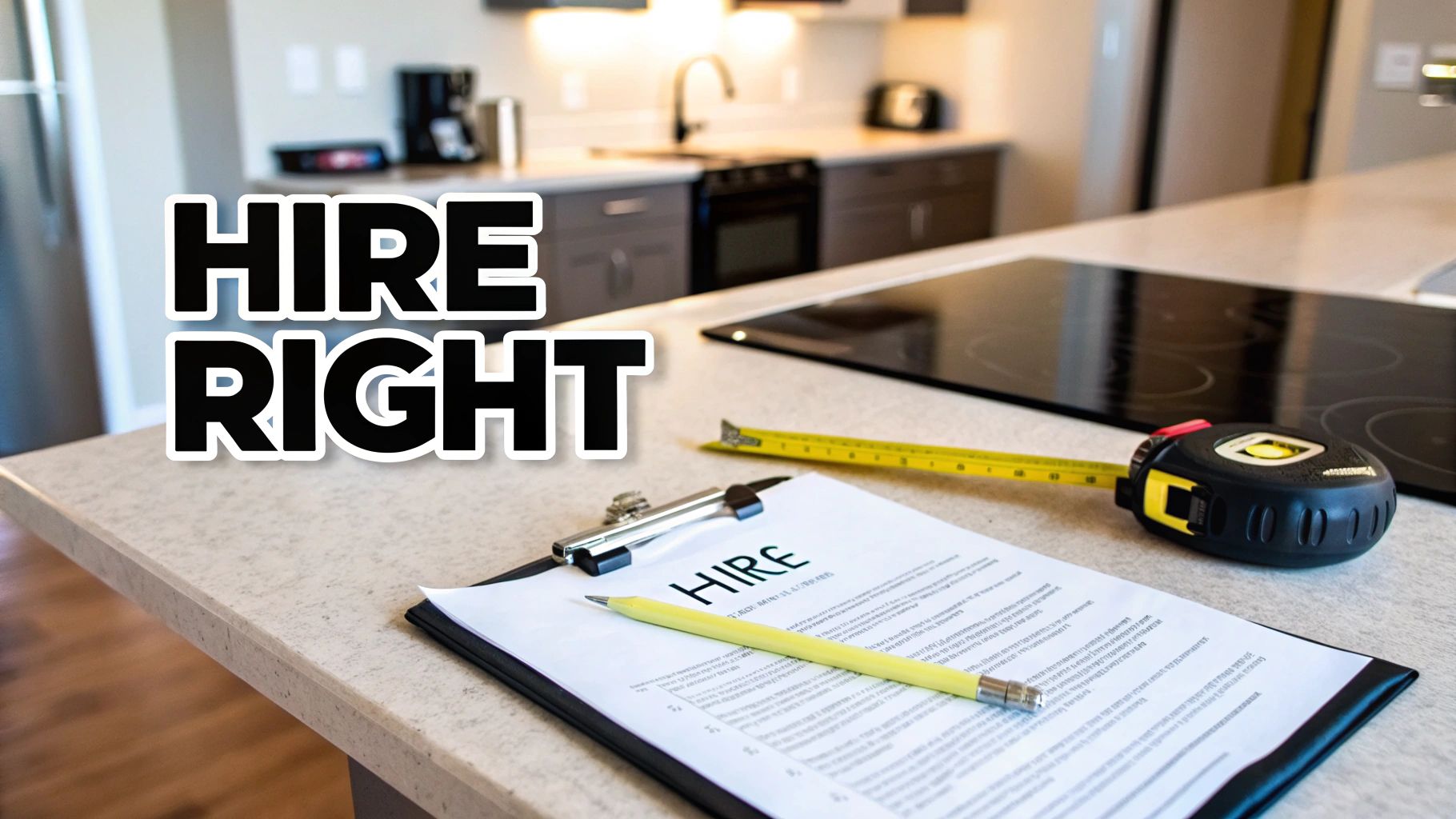 A kitchen countertop with a clipboard, measuring tape, and text 'HIRE RIGHT', suggesting renovation or construction.