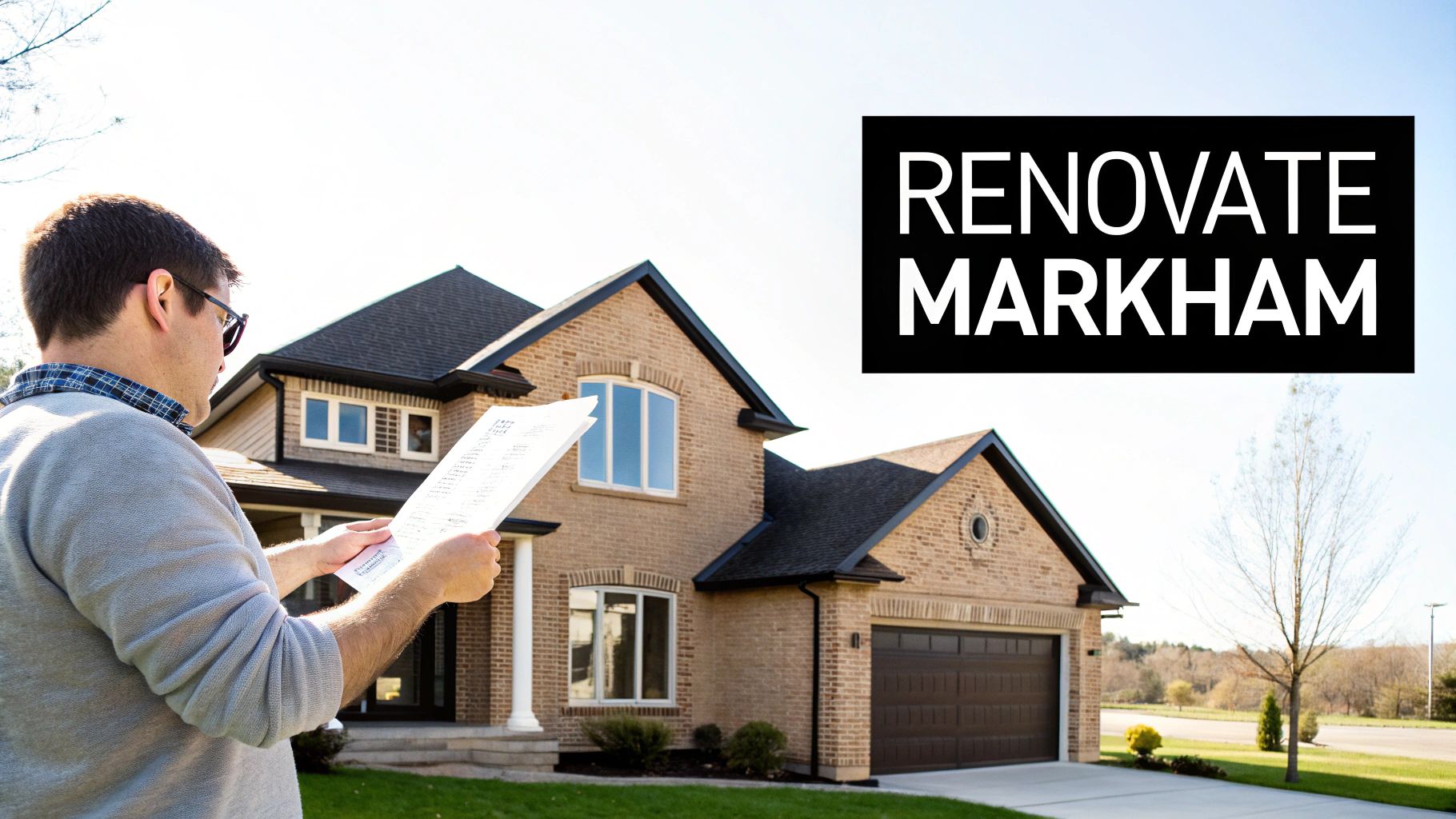 A man in sunglasses reviews renovation plans outside a modern brick house, with "RENOVATE MARKHAM" text.