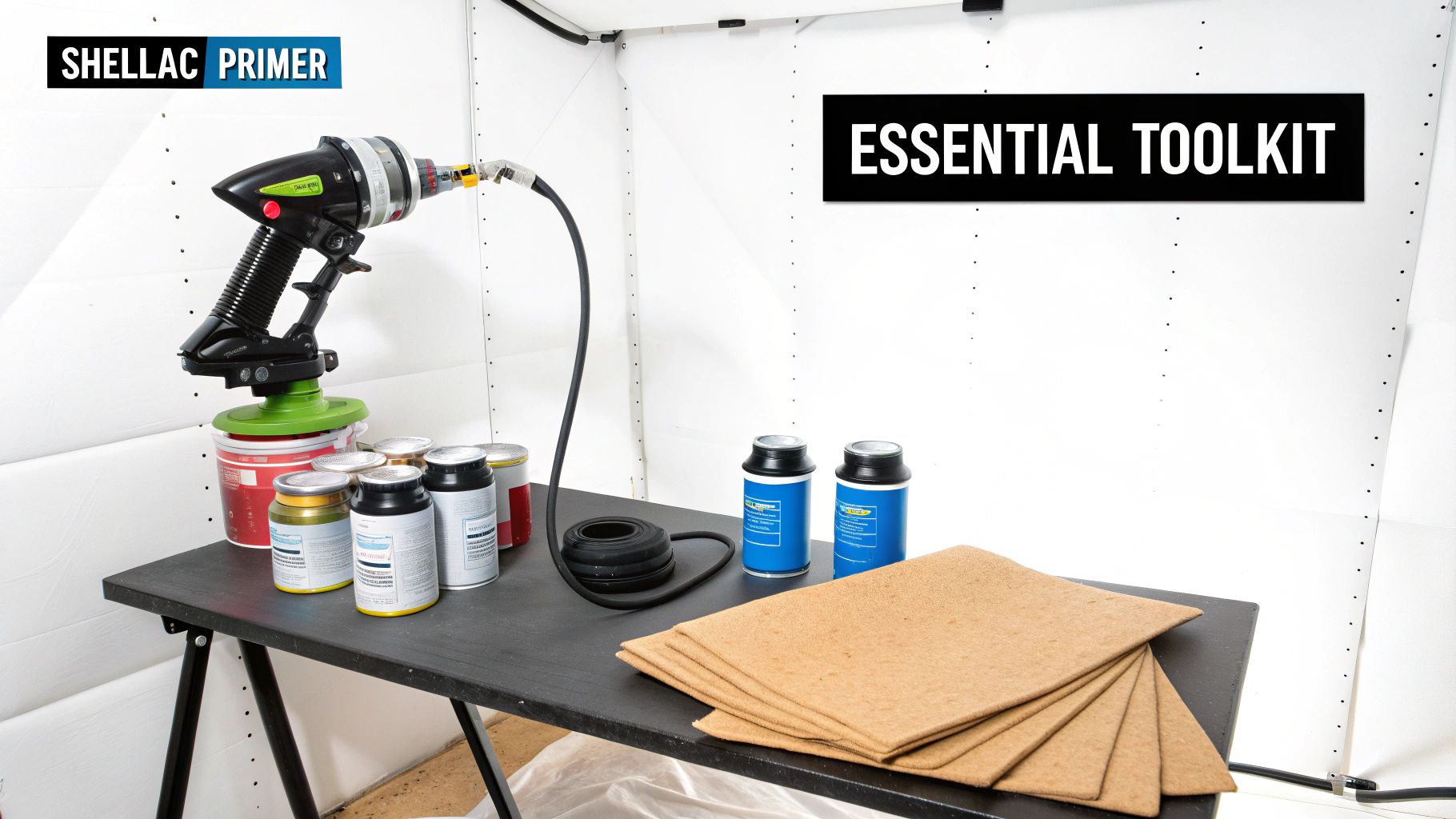 An essential toolkit for spray painting, featuring a spray gun, shellac primer cans, and felt sheets on a table.