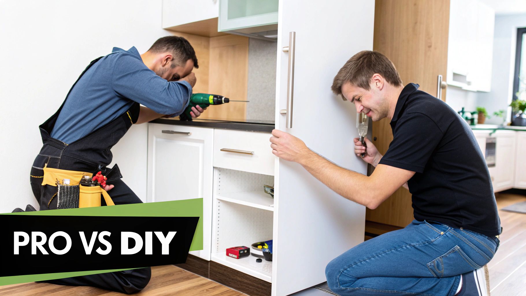 Split image showing a professional working on cabinets and a DIYer struggling with a refrigerator door.