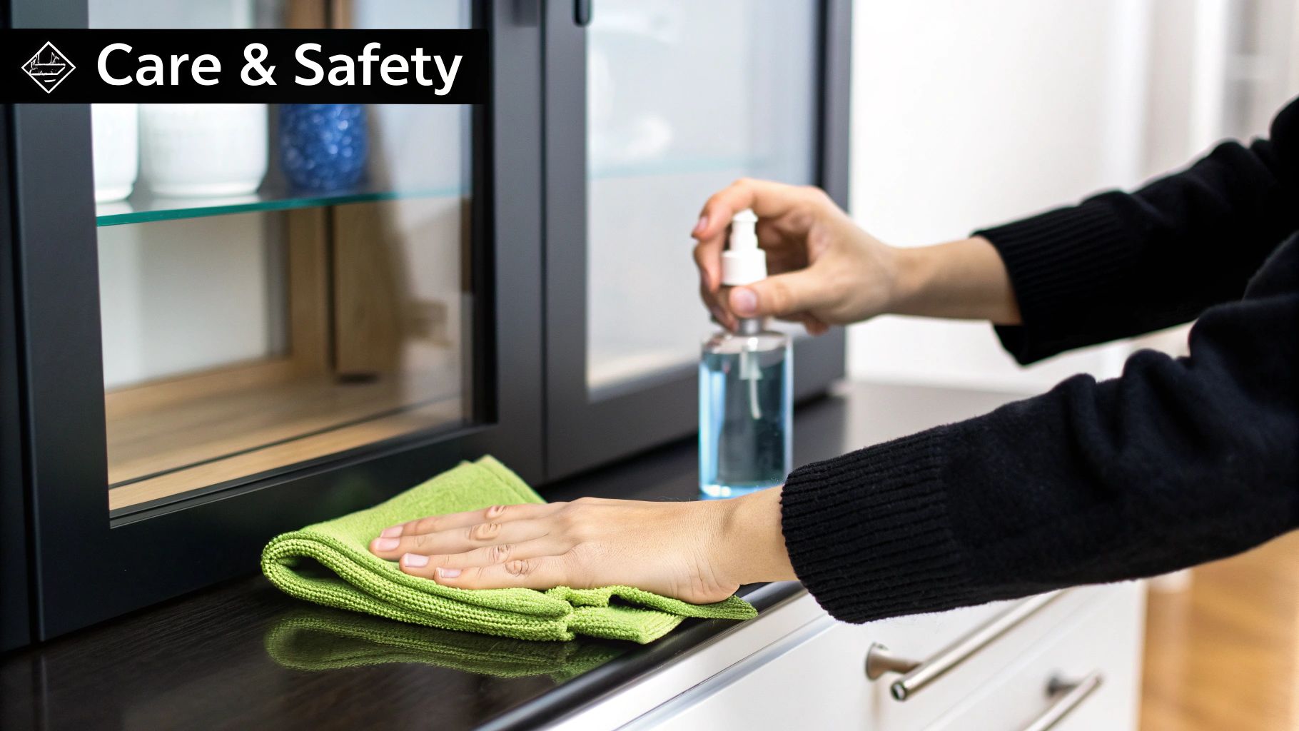 Person cleaning a dark surface next to a black cabinet with glass doors using a cloth and spray.