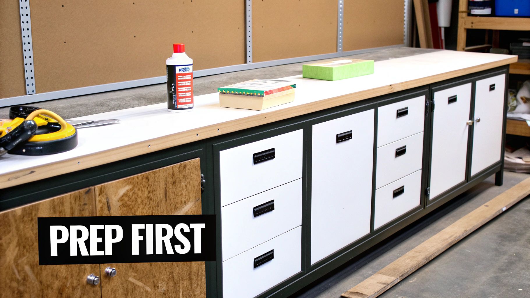 A workshop workbench with various tools, a bottle, and boxes on top, featuring white and wooden cabinets.