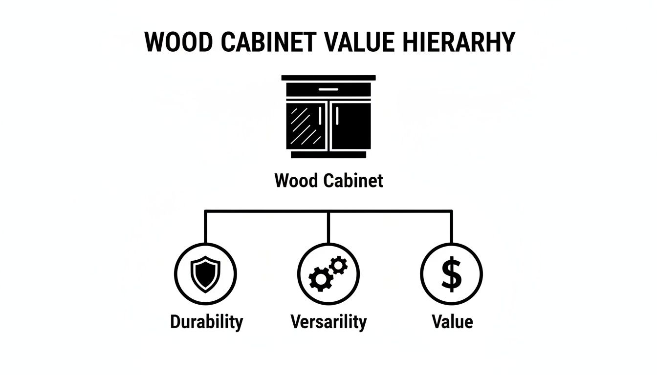 Diagram illustrating the wood cabinet value hierarchy with durability, versatility, and value as key factors.