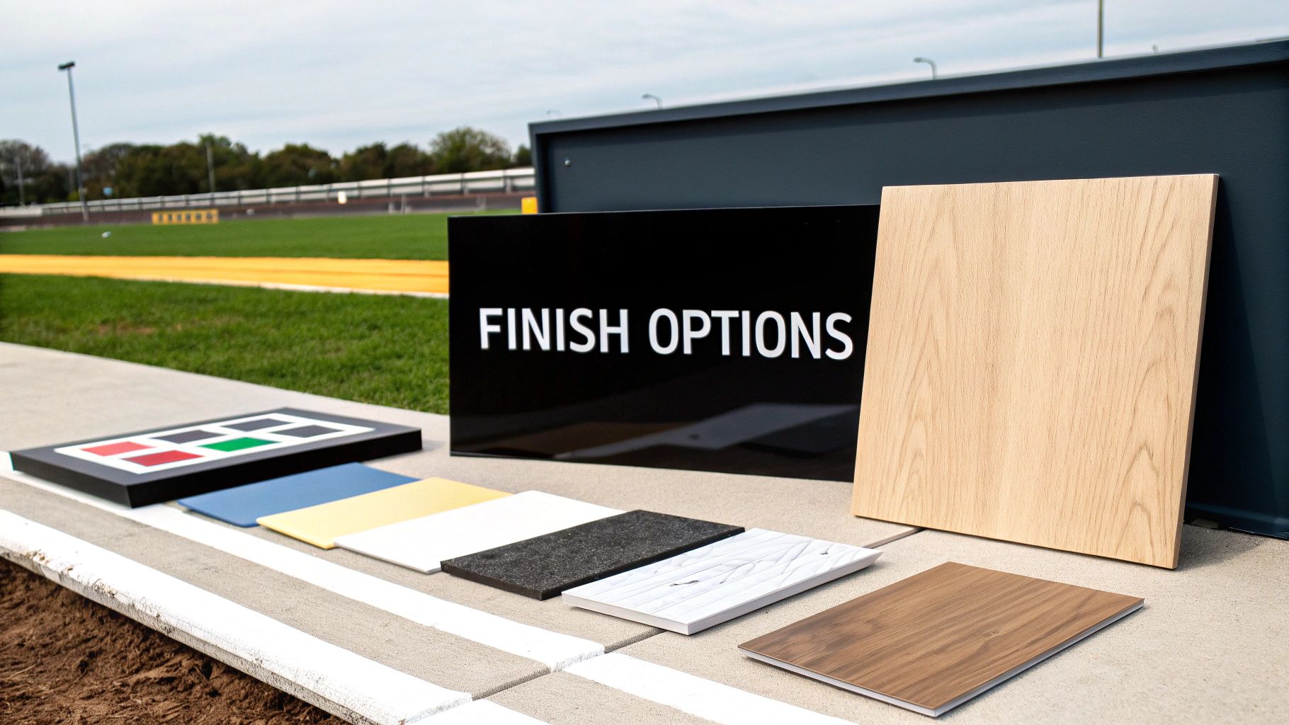 Display of diverse finish options, including wood grains and solid colors, next to a sign.