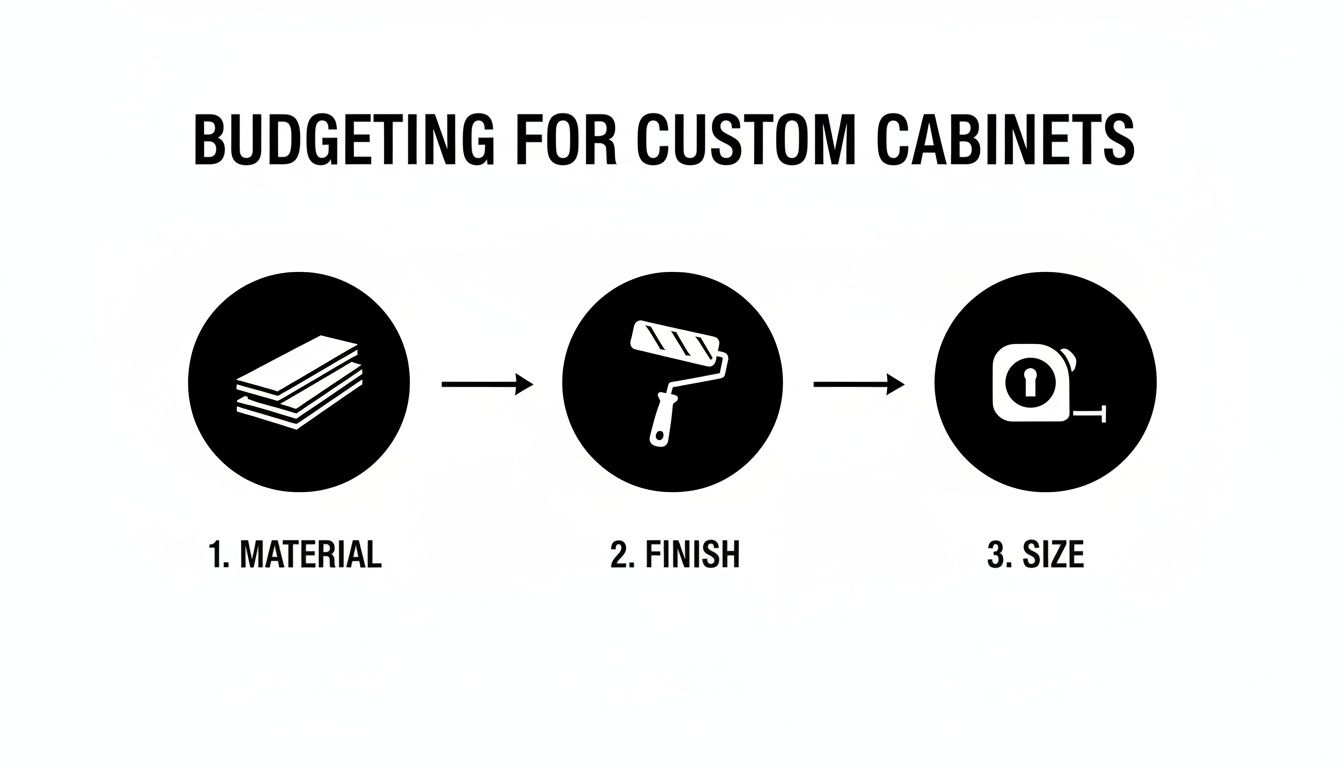 An infographic showing three steps for budgeting custom cabinets: material, finish, and size.
