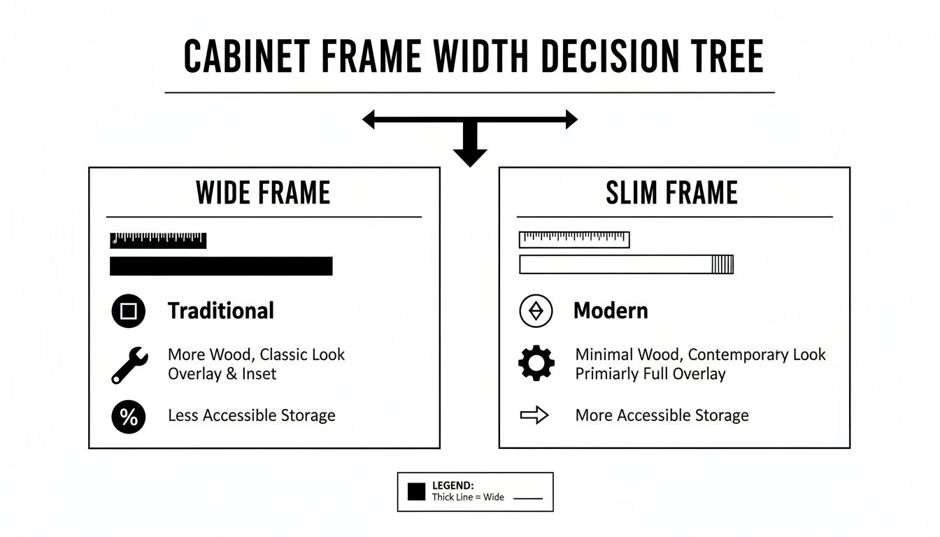 Decision tree comparing wide and slim cabinet frame widths, styles, and storage accessibility.