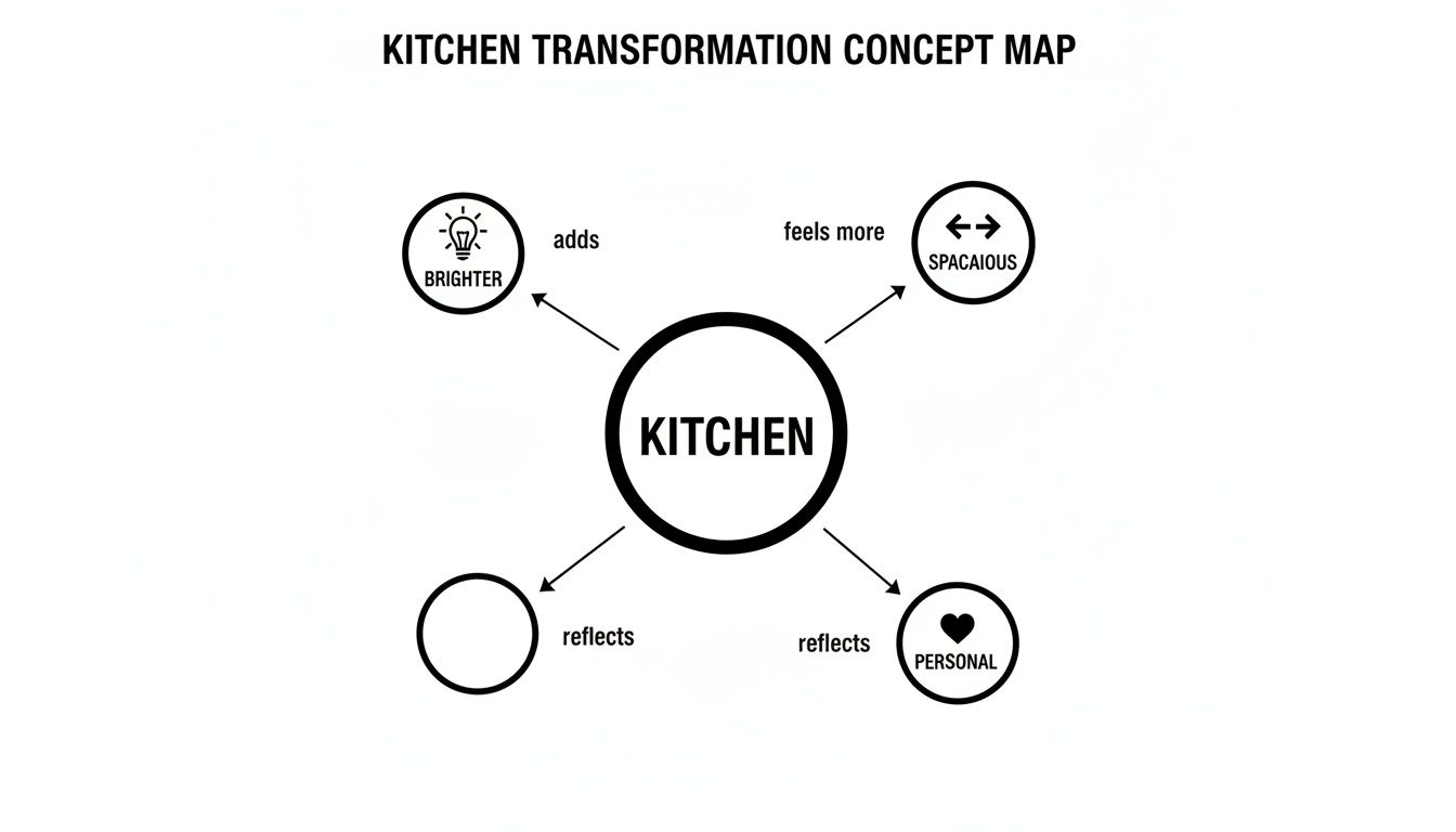 A concept map illustrating kitchen transformation goals: brighter, more spacious, and personal.