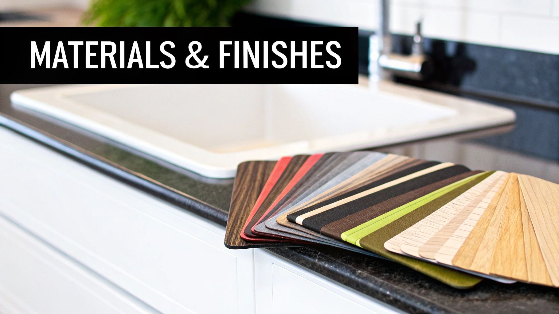 Various kitchen material and finish samples, including wood grains and colors, fanned out on a countertop.
