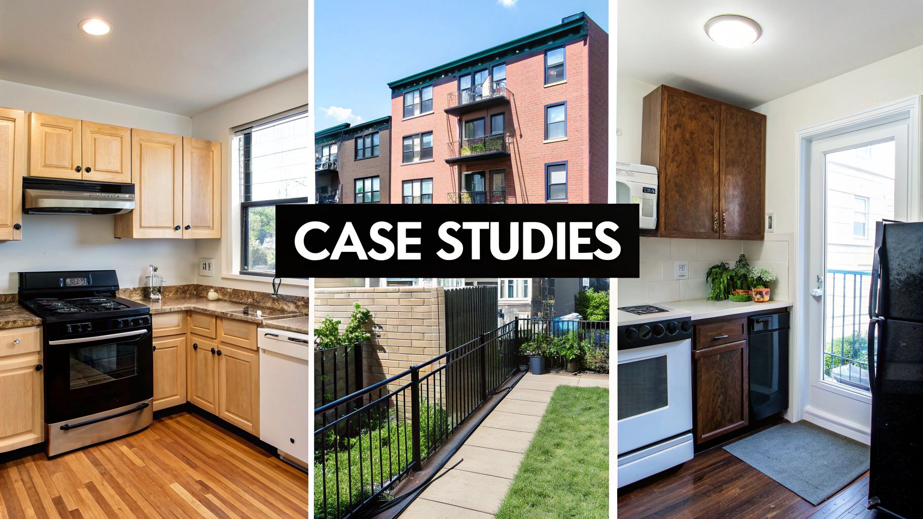 Three panels showing home interiors and an apartment building exterior, labeled 'CASE STUDIES'.