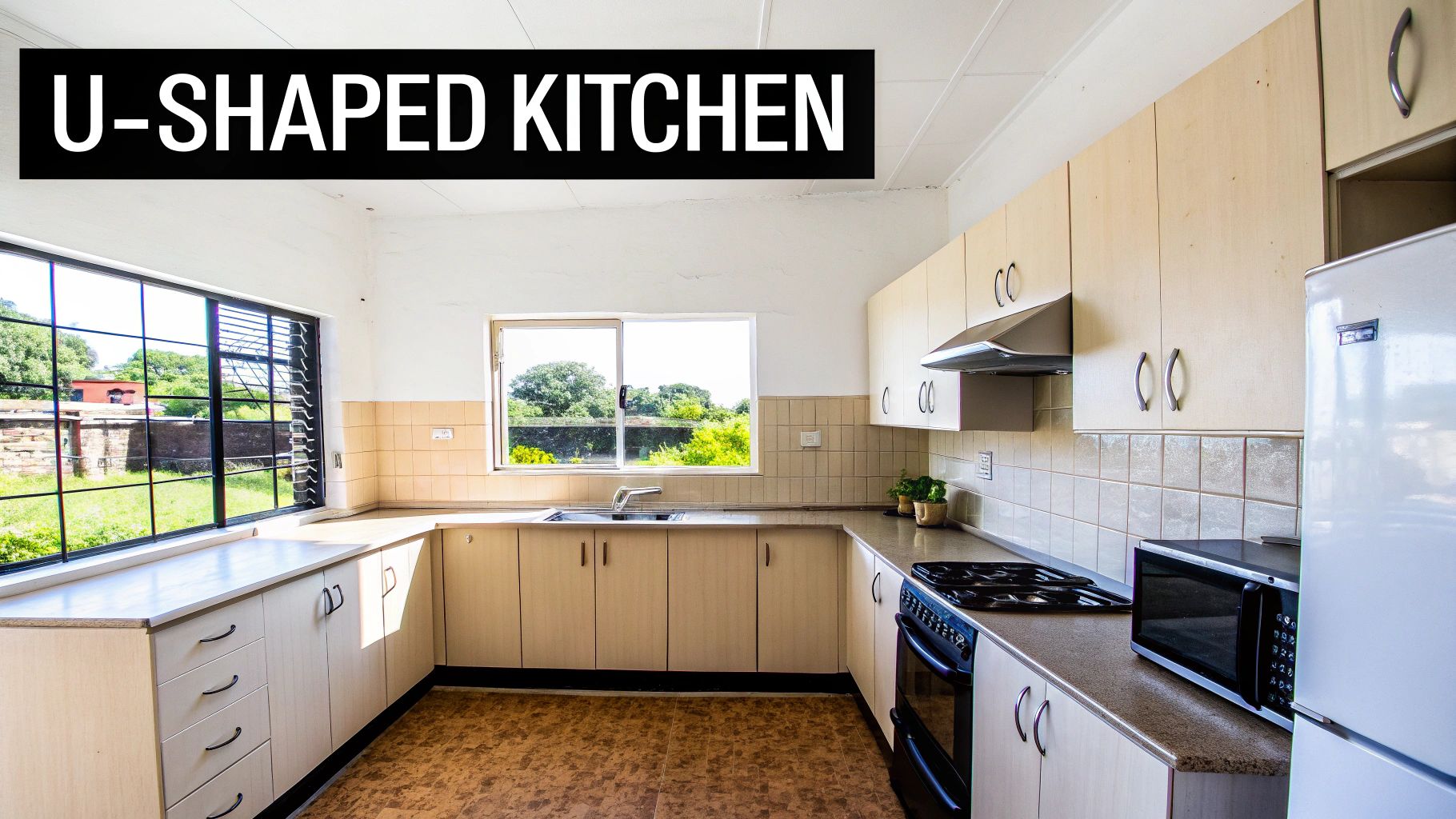 A bright U-shaped kitchen with light wood cabinets, integrated appliances, and large windows overlooking a green outdoor space.