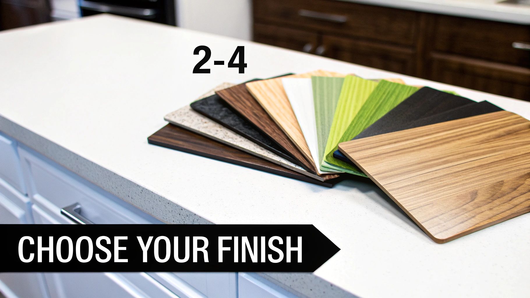 Various finish samples including wood, speckled, and solid colors fanned out on a white kitchen counter.