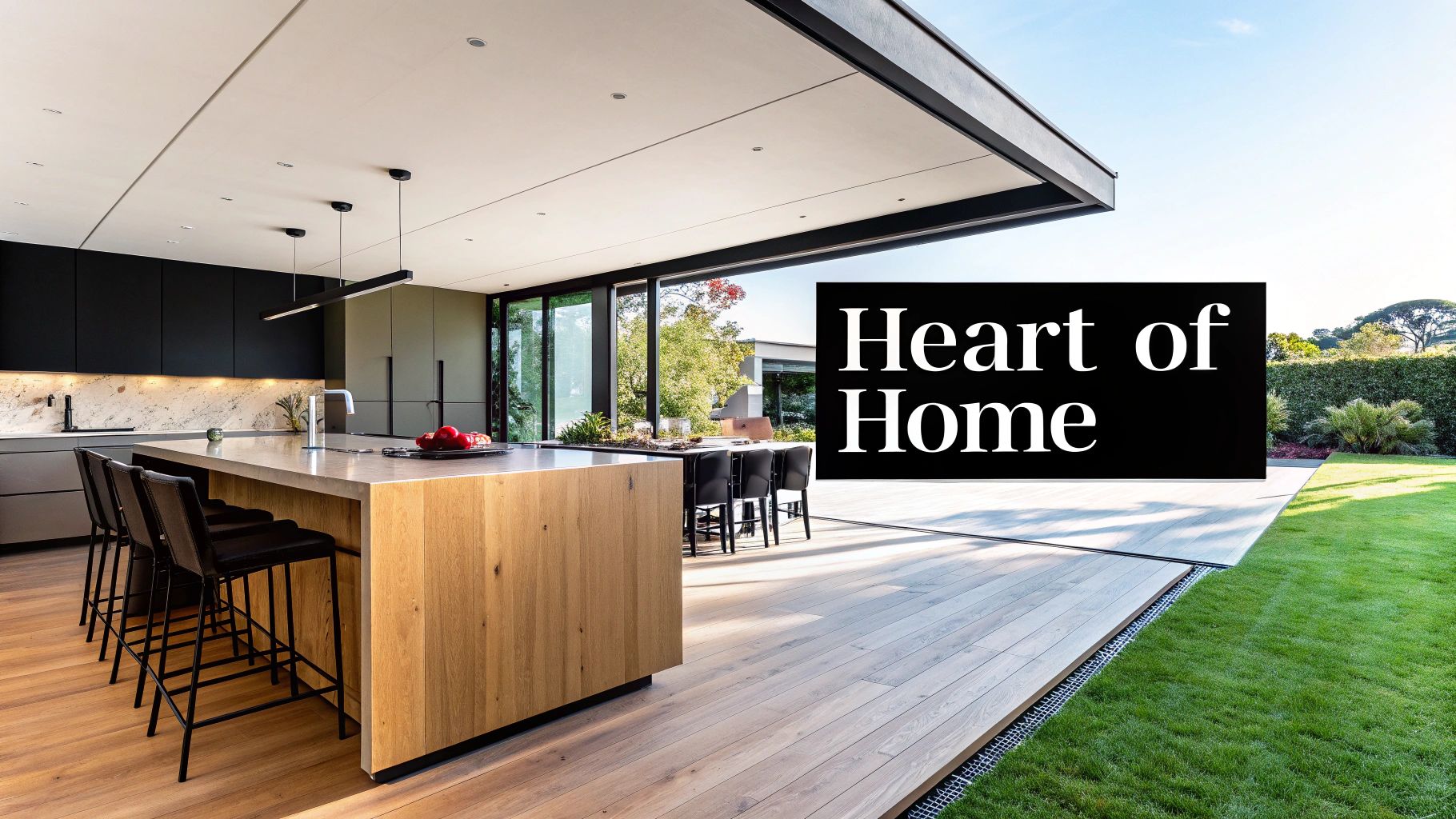 A sleek modern kitchen featuring a large island with bar stools, opening to an outdoor deck and green lawn.