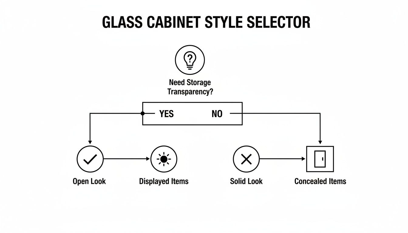 Flowchart for selecting glass cabinet styles based on storage transparency, showing options for open or concealed items.