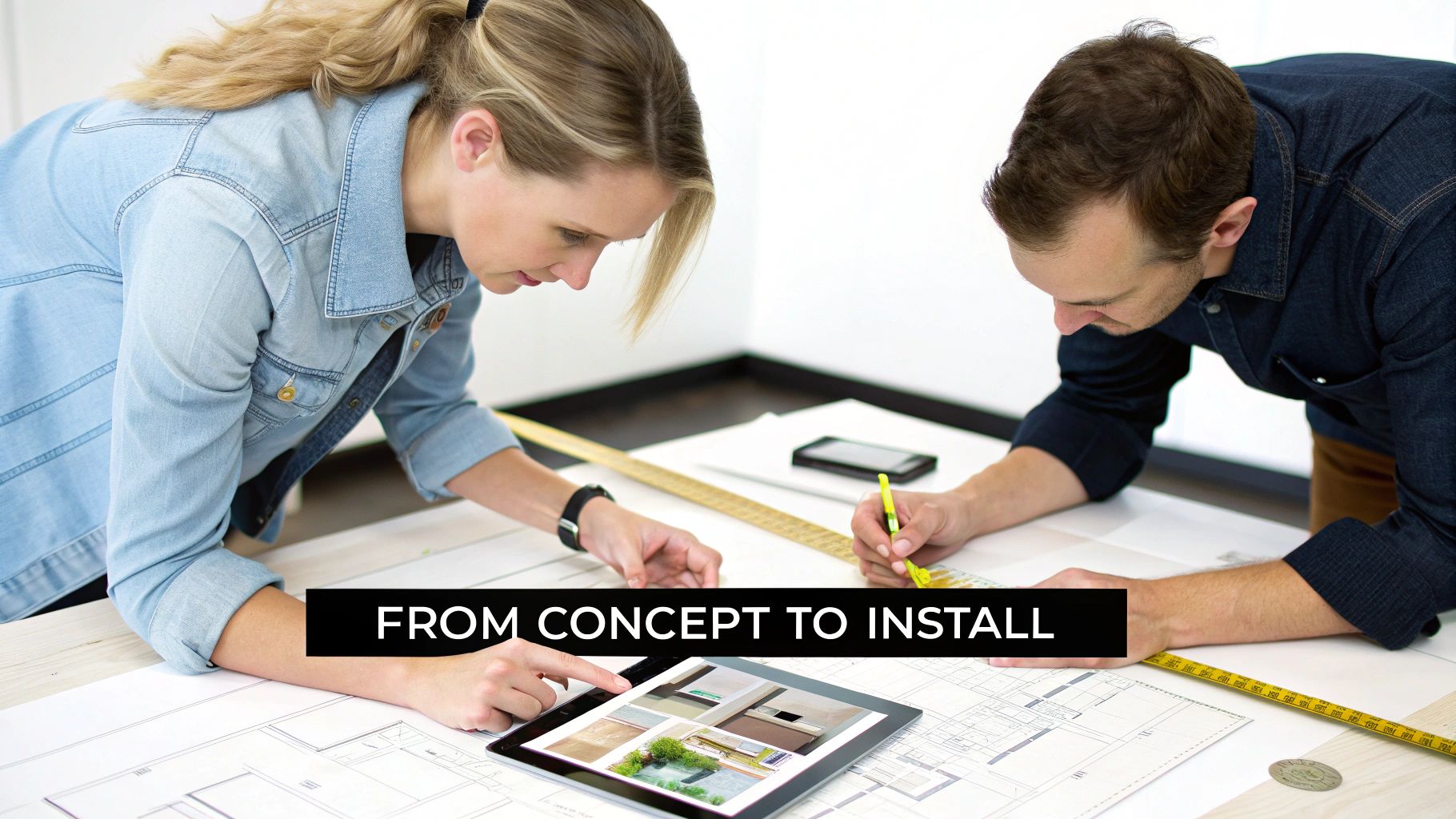 Two designers collaborate on blueprints with a tablet showing various interior design concepts.
