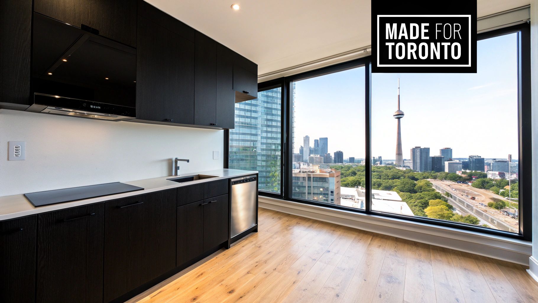 Modern kitchen with black custom cabinetry, light countertops, and a large window overlooking the Toronto skyline and CN Tower.