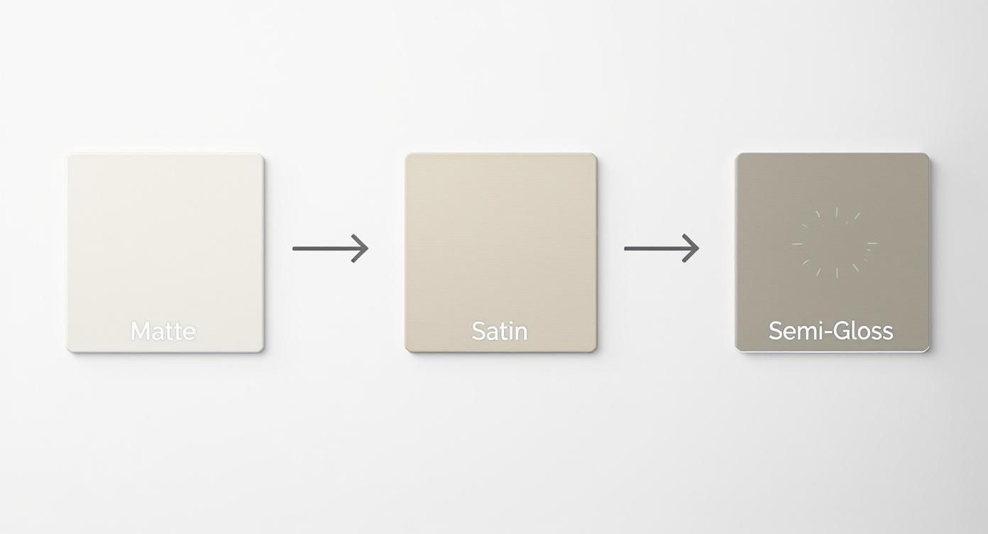 Three paint swatches demonstrate a progression from matte to satin to semi-gloss finishes.