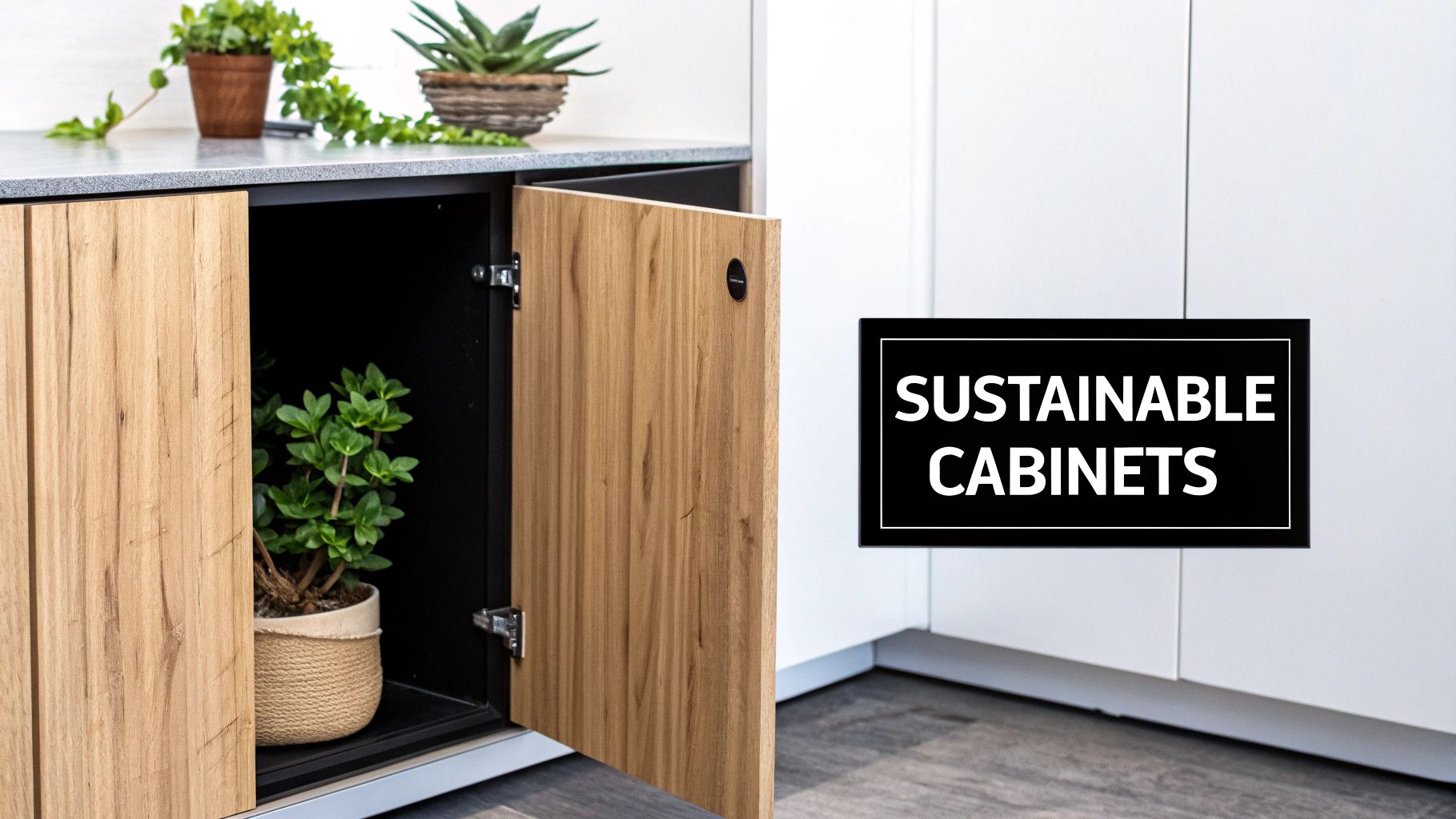 An open wooden kitchen cabinet revealing a plant, next to white cabinets with text 'Sustainable Cabinets'.
