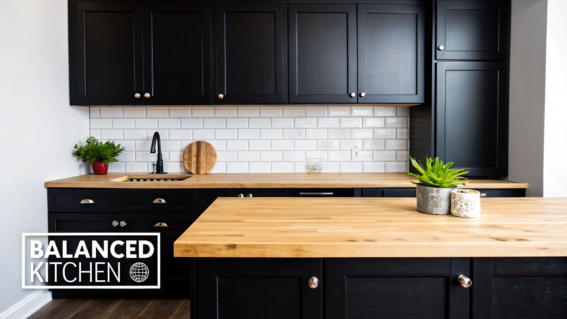 Stylish kitchen featuring dark black cabinets, natural wood countertops, white subway tiles, a sink, and plants.