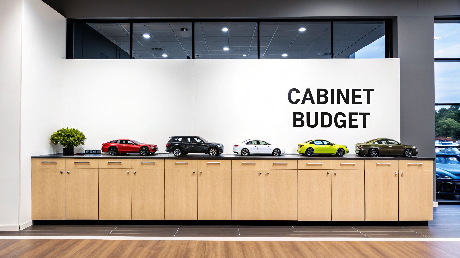 A long wooden cabinet display with model cars and a plant under 'CABINET BUDGET' text on a white wall.