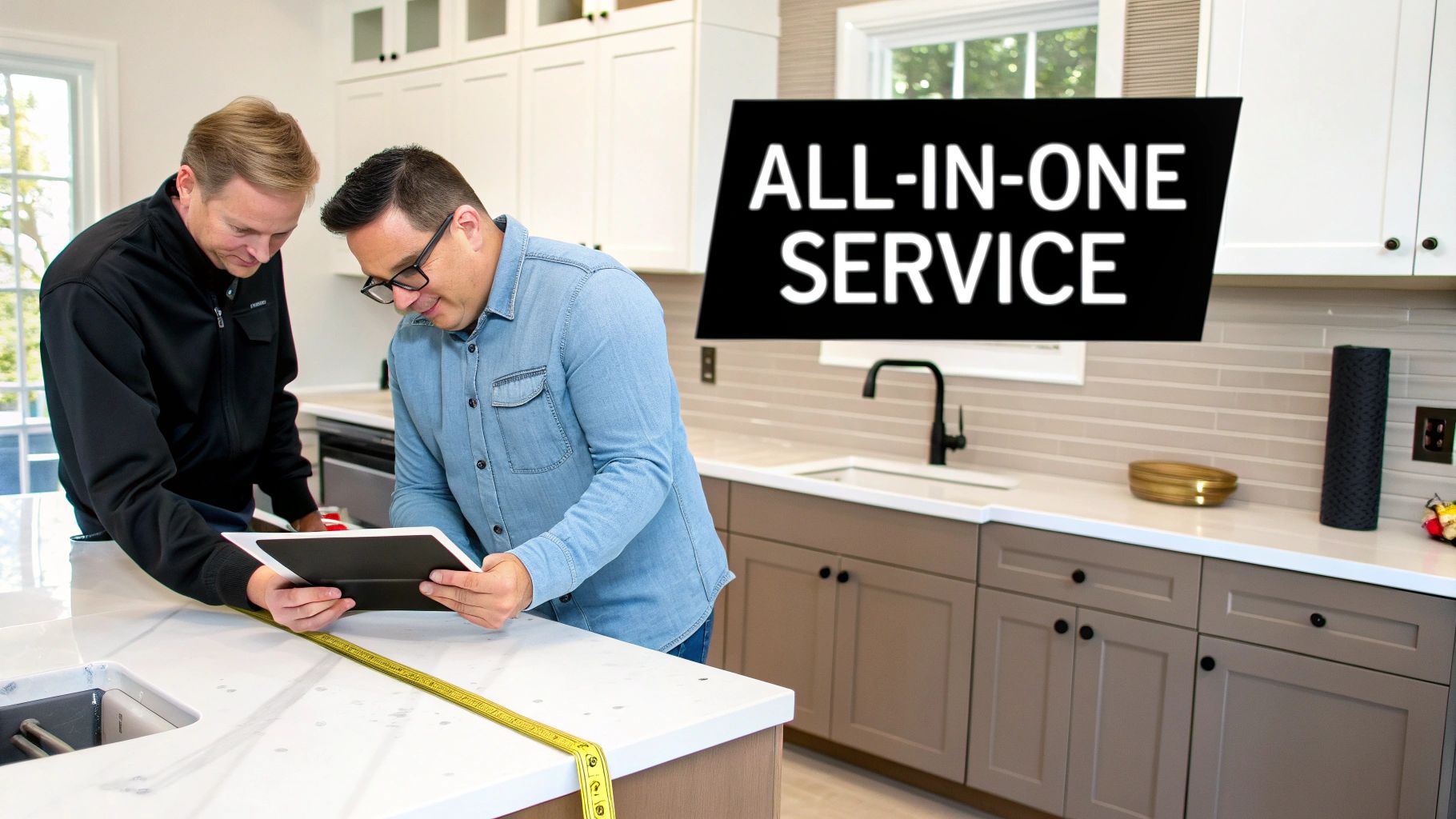 Two men, one holding a tablet, discuss kitchen measurements and plans in a modern kitchen.