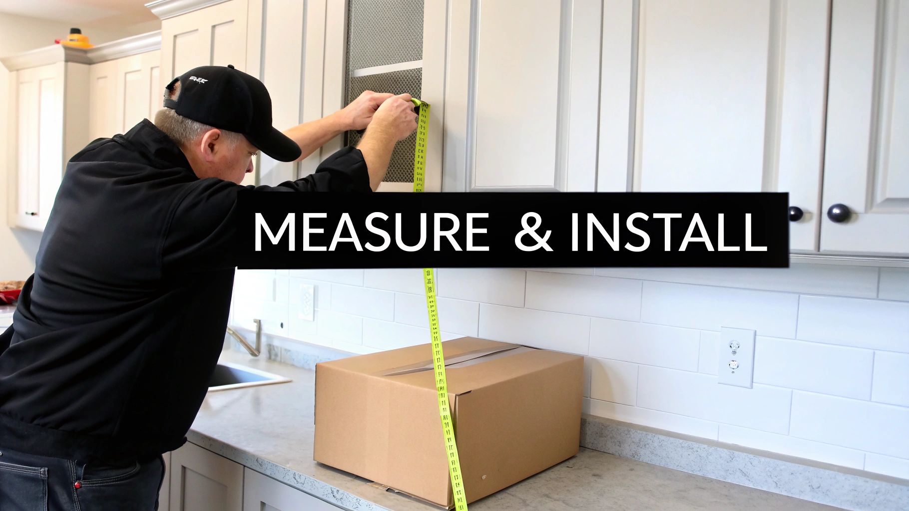 Professional installer measuring kitchen cabinet space with yellow tape measure during installation process