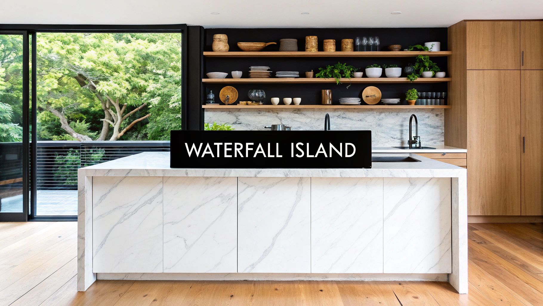 A modern kitchen features a white marble waterfall island with a "WATERFALL ISLAND" sign, wooden shelves, and a lush outdoor view.