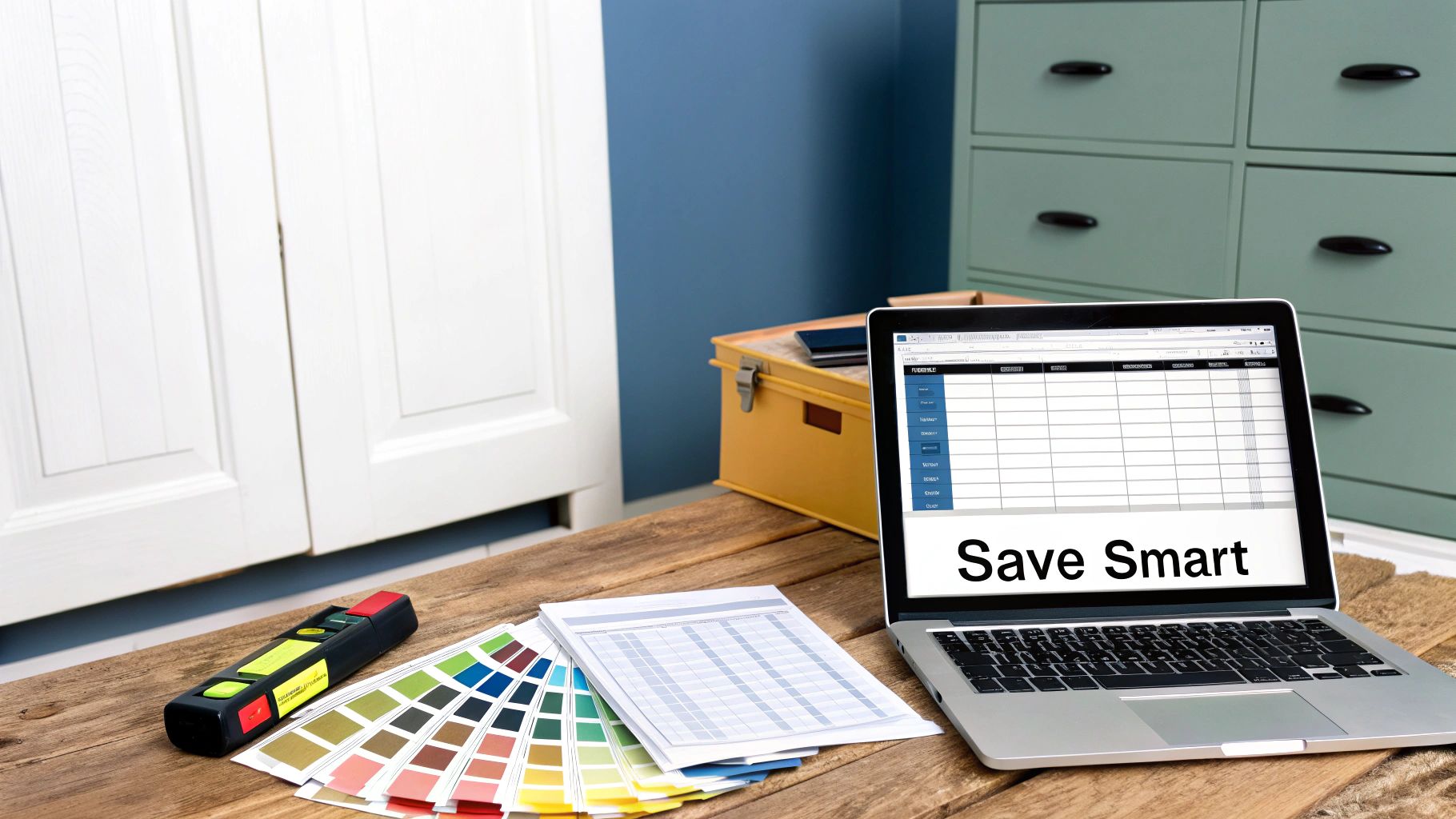 A laptop showing 'Save Smart' and a spreadsheet, surrounded by color swatches and design tools.