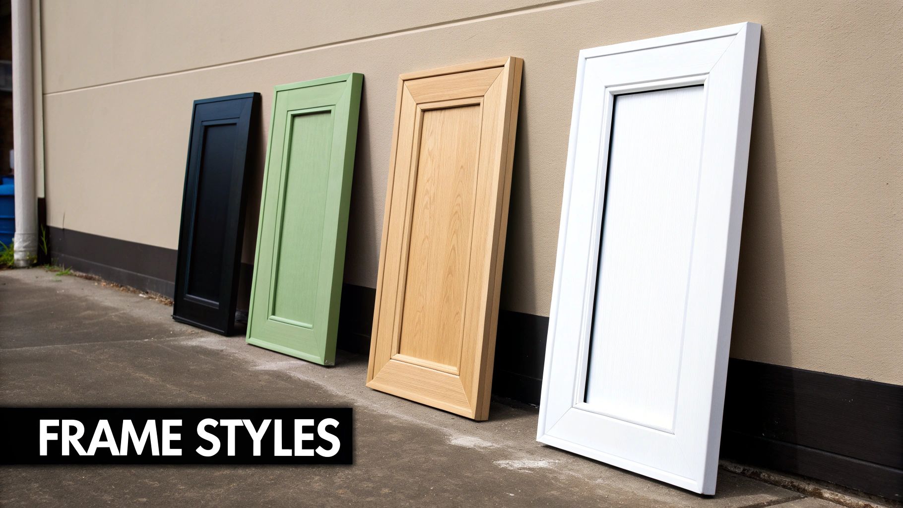 Four cabinet doors showcasing different frame styles and finishes, including black, green, wood, and white.