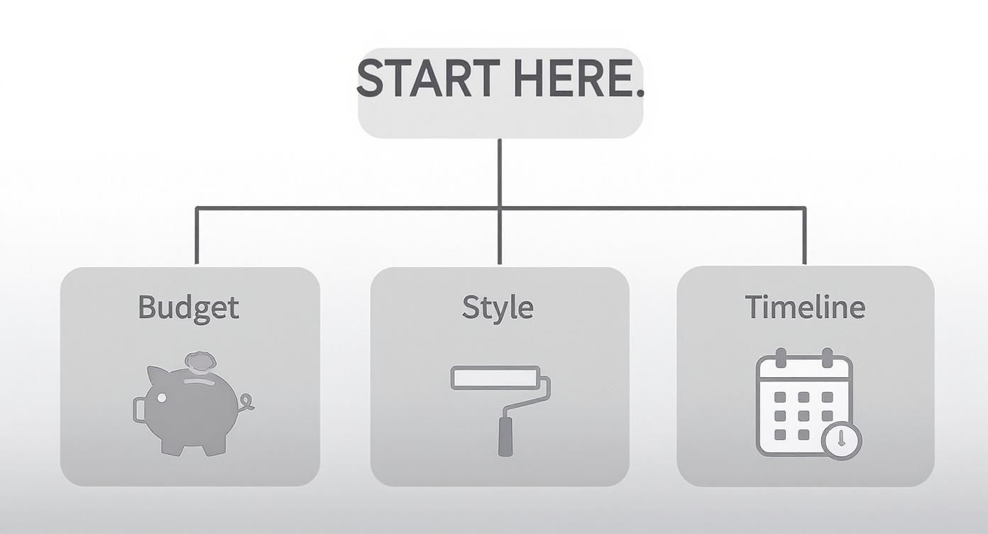 Flowchart showing three renovation planning options: budget with piggy bank, style with paint roller, timeline with calendar