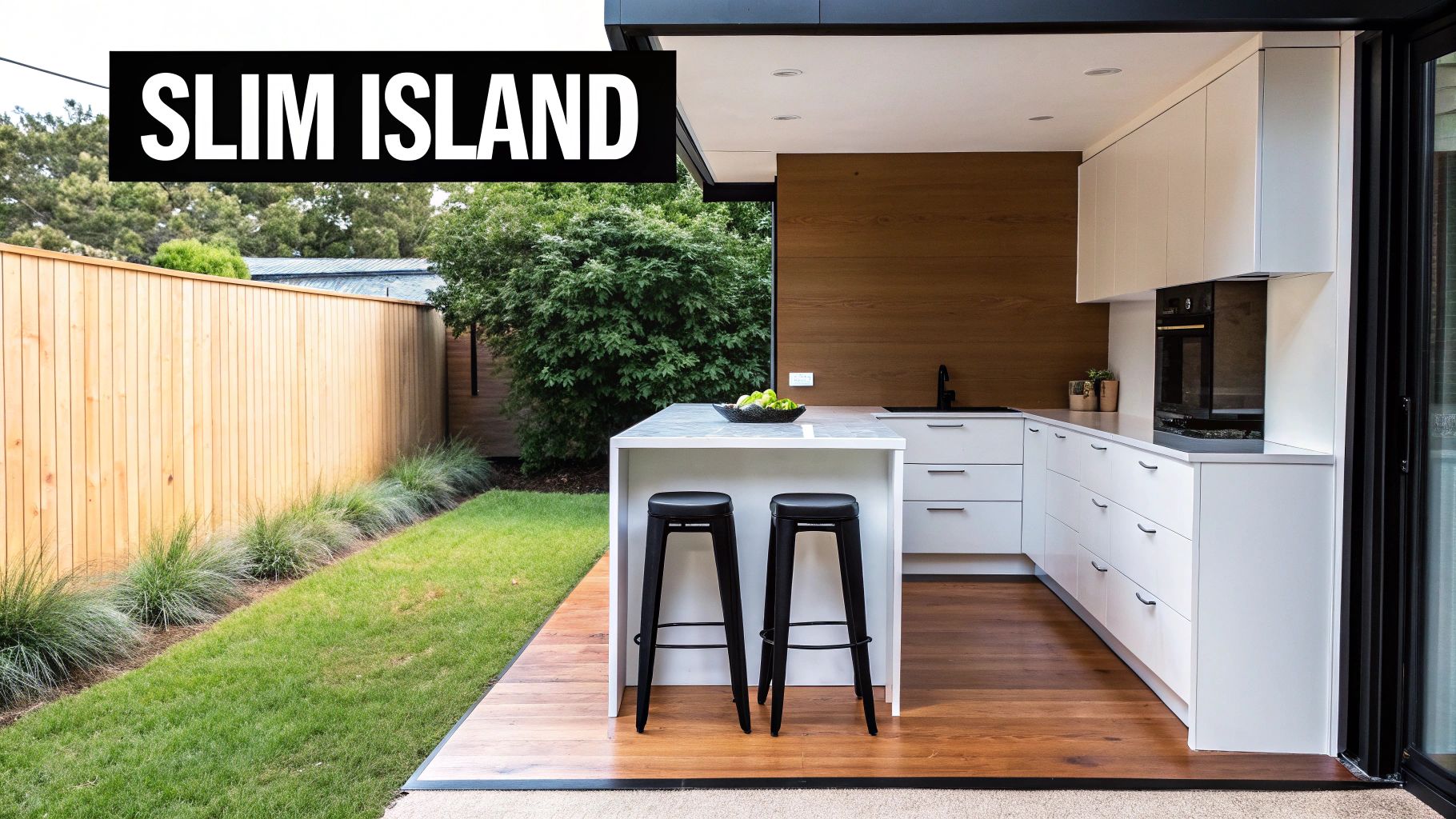 A slim multi-function island with bar seating in a modern kitchen, showcasing efficient use of space.