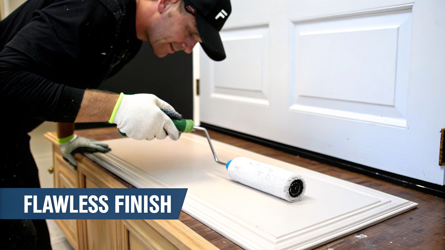 A person in gloves uses a paint roller to apply a flawless finish to a cabinet door.