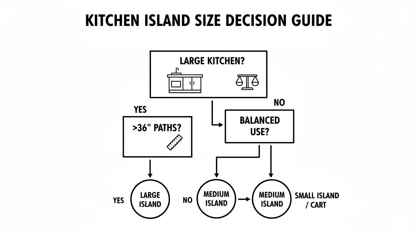 Flowchart decision guide for choosing the right kitchen island size based on kitchen dimensions and use.