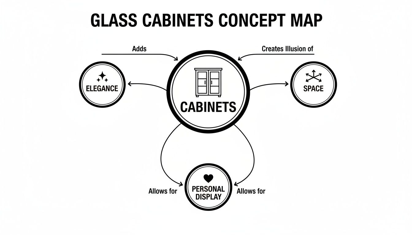 A concept map detailing how glass cabinets add elegance, create an illusion of space, and allow for personal display.