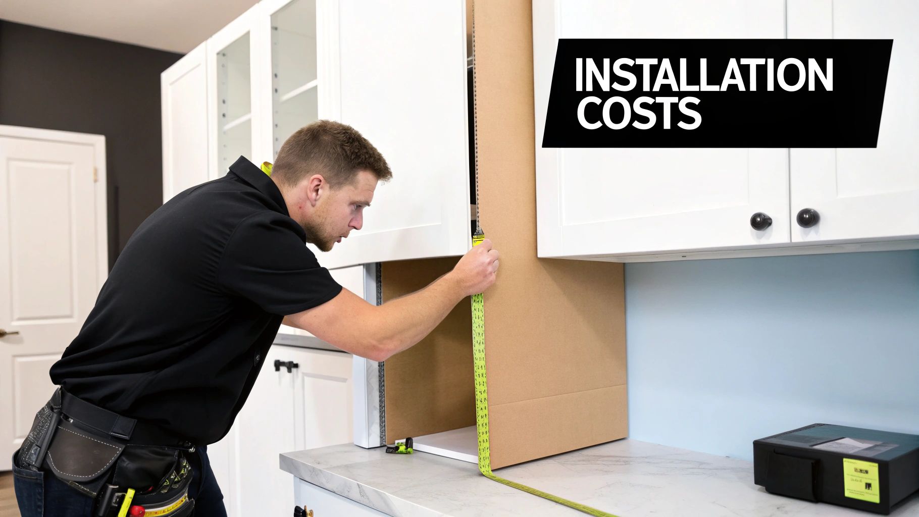 A man in a black shirt measures kitchen cabinet installation with a tape measure, highlighting costs.
