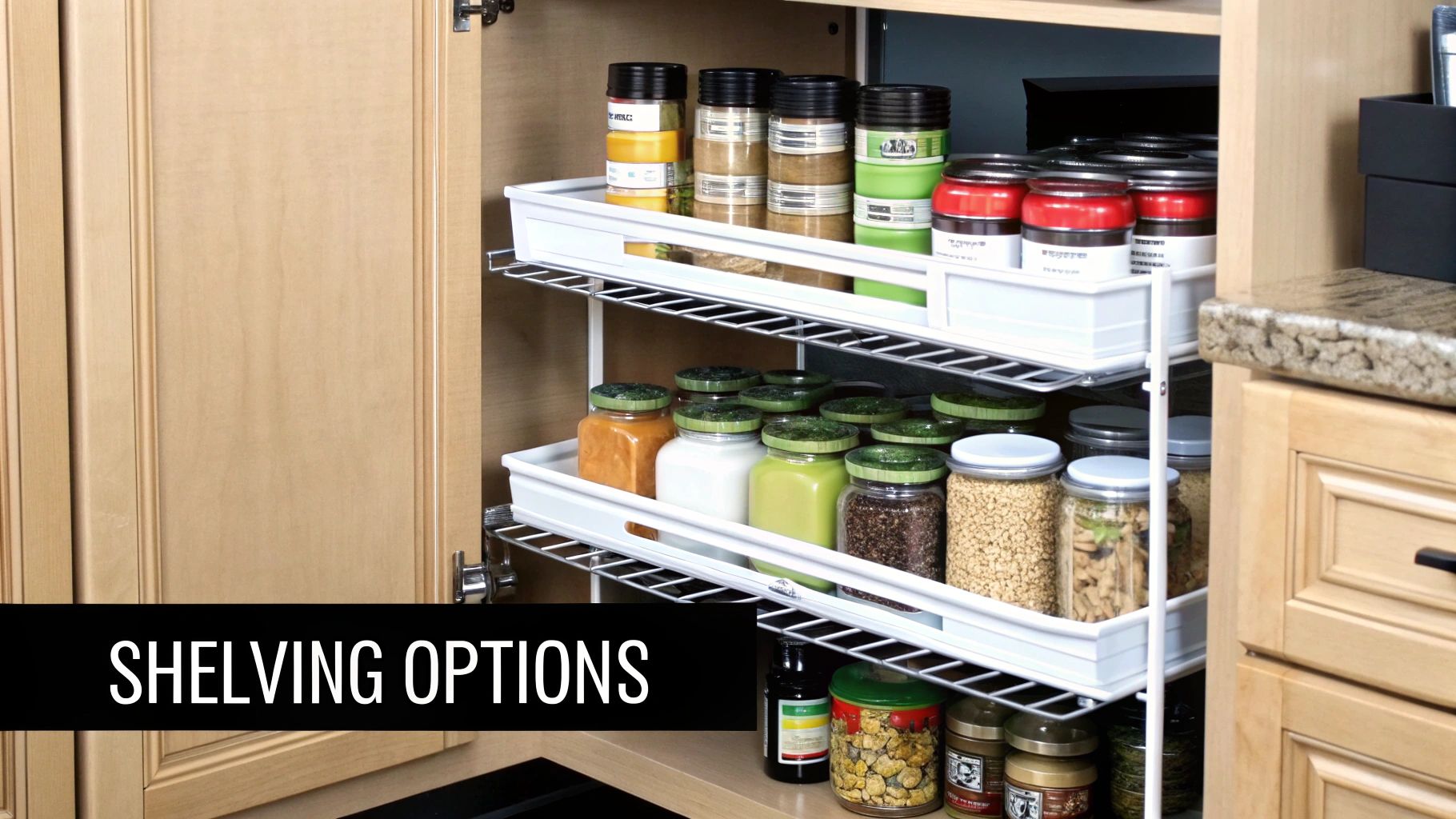 Organized pantry cabinet with multiple pull-out wire shelves holding various spice jars and food containers.