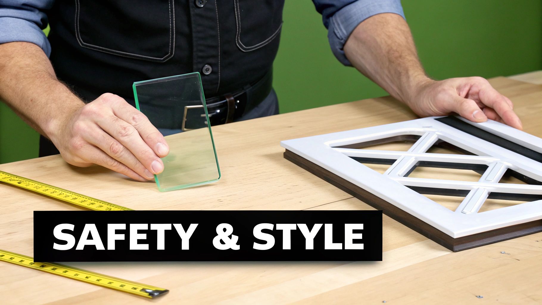 Person's hands assembling a kitchen cabinet door, holding a glass panel and a decorative frame.