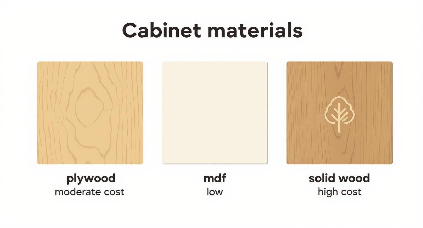 Infographic comparing the relative costs of different kitchen cabinet materials, including plywood, MDF, and solid wood, to help with budgeting.