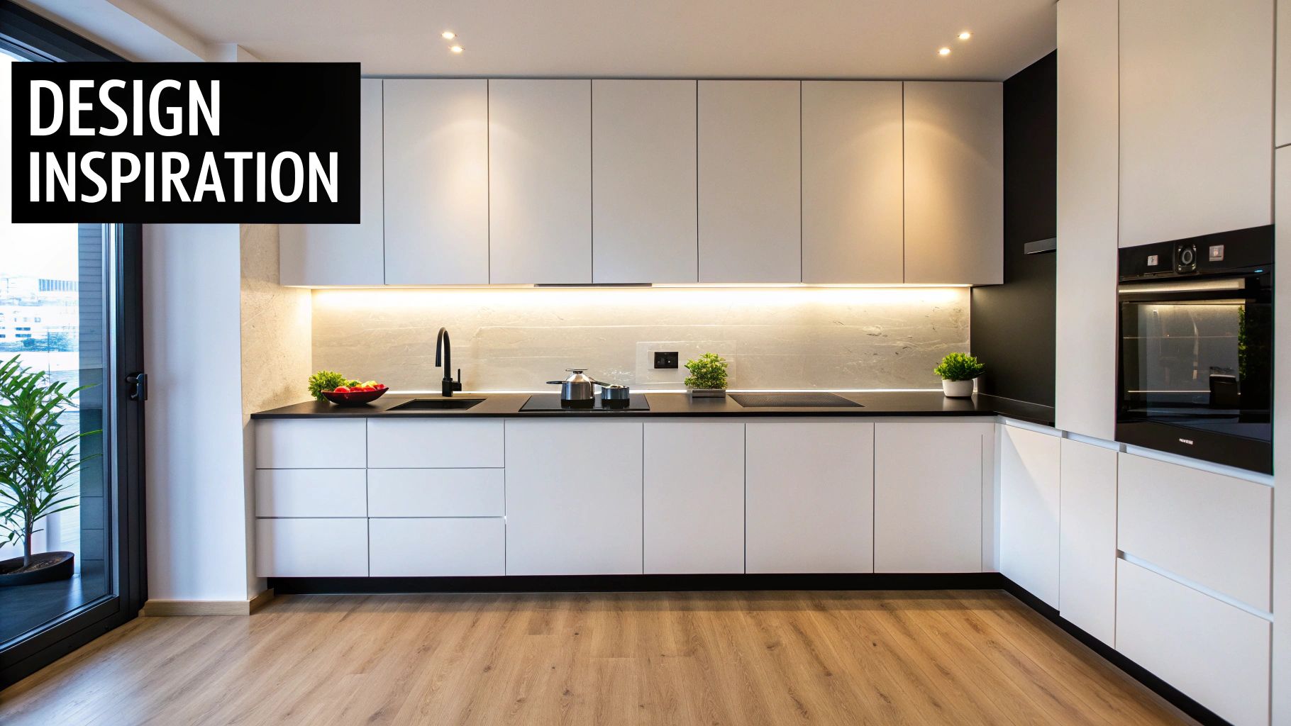 A modern kitchen featuring white high gloss cabinets, a light-coloured countertop, and strategic lighting.
