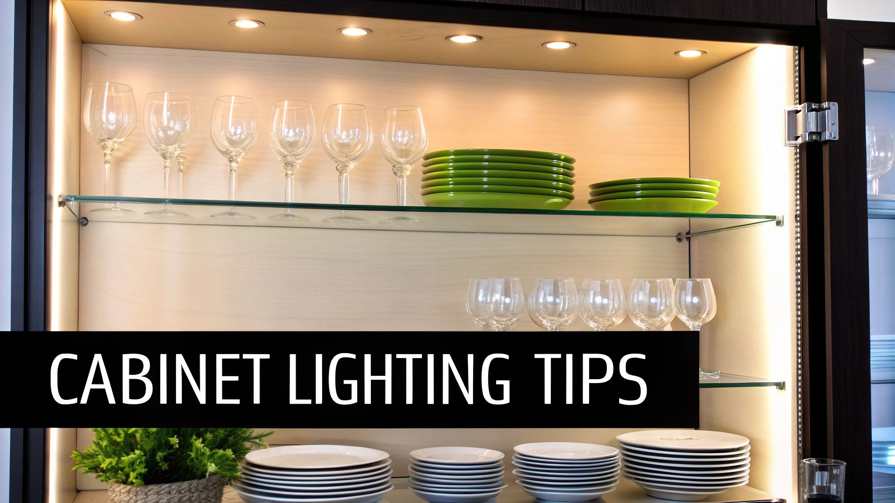 A modern kitchen cabinet with glass shelves showcasing tableware and bright LED strip lighting.
