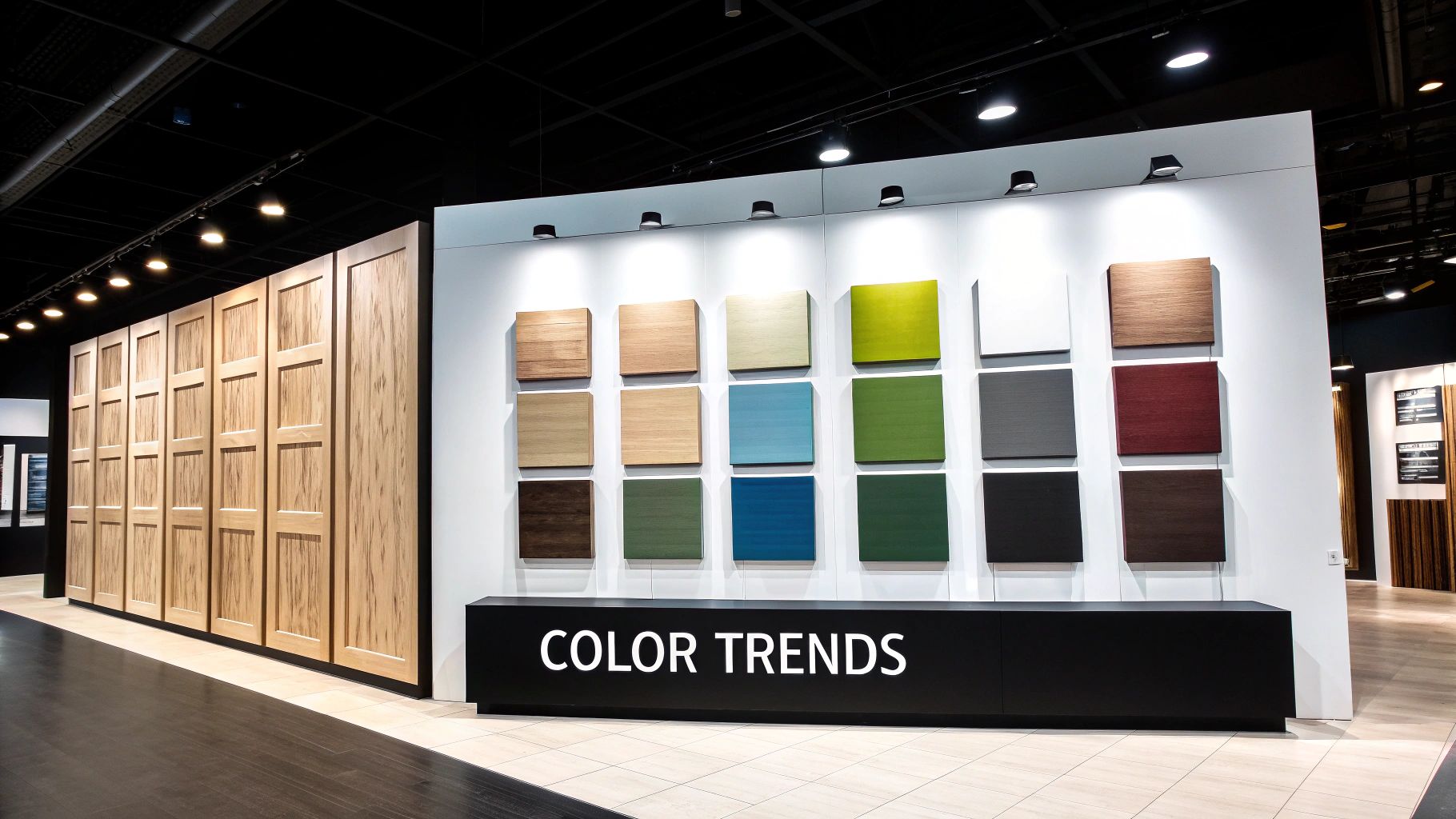 Modern showroom with wooden cabinet doors and a 'Color Trends' display showcasing various material samples.