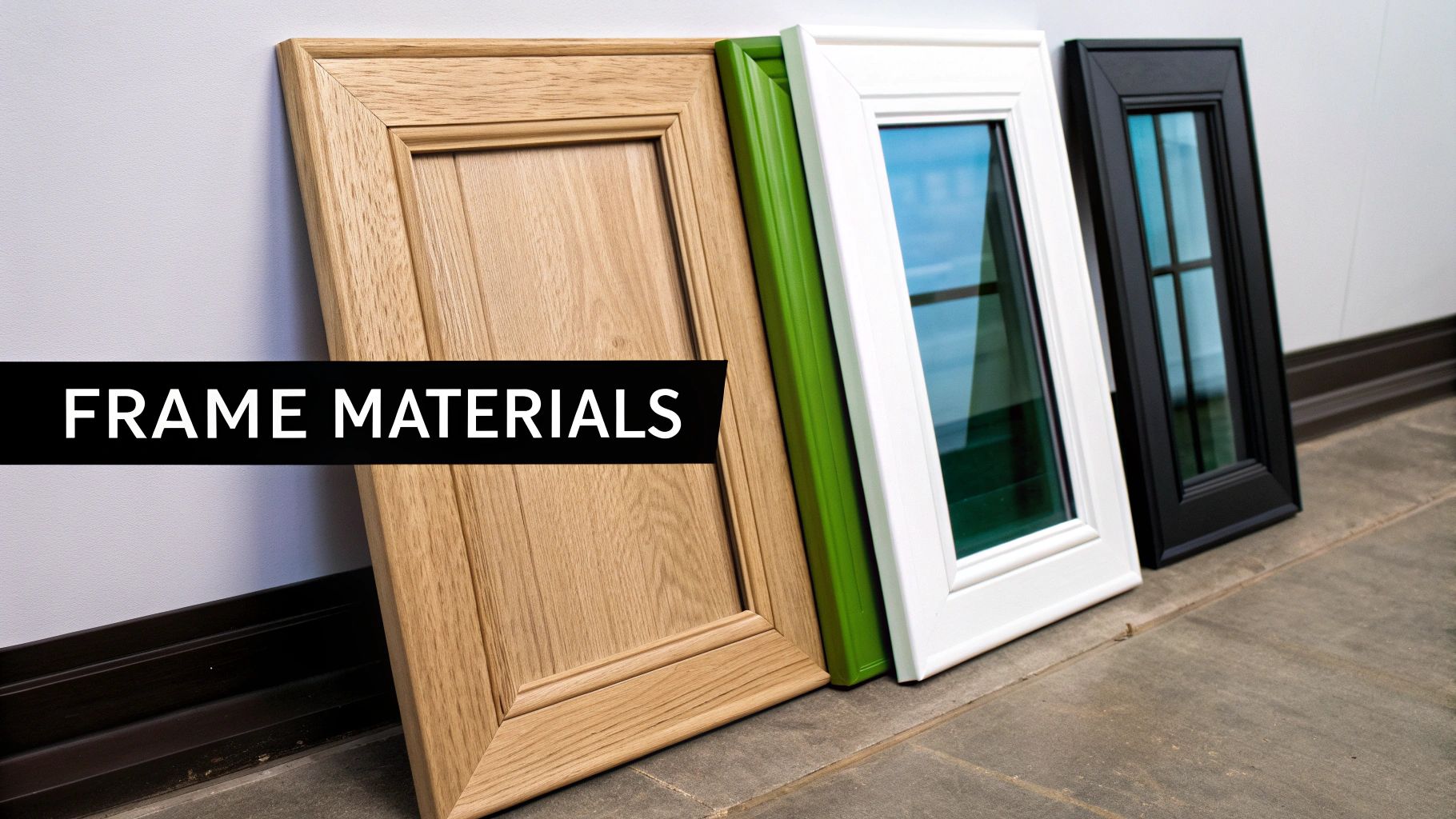Four diverse framed panels, including wood, green, white, and black with glass, showcasing various frame materials.