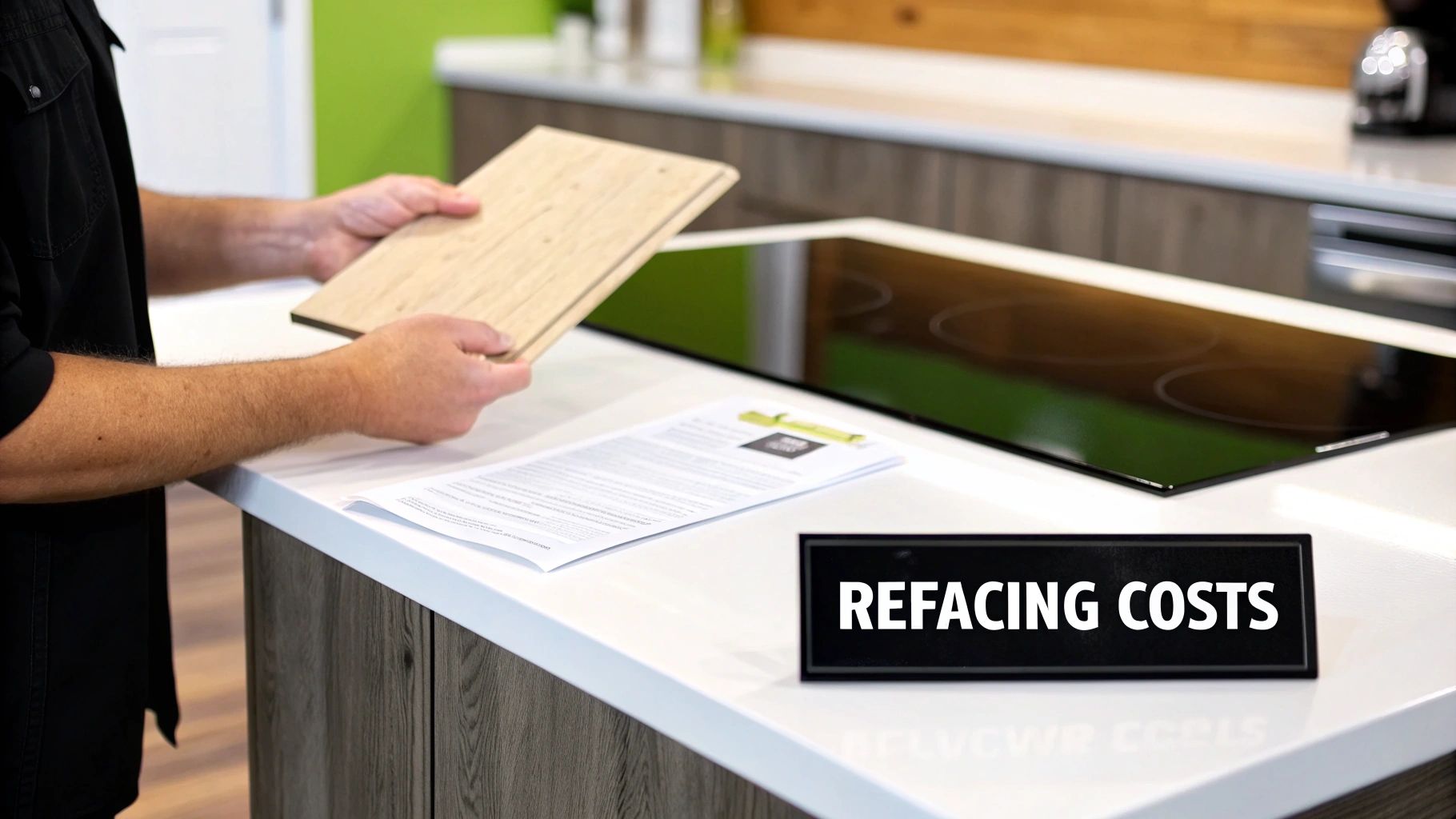 Person holding wood sample in modern kitchen, reviewing refacing costs and documents for cabinet renovation.