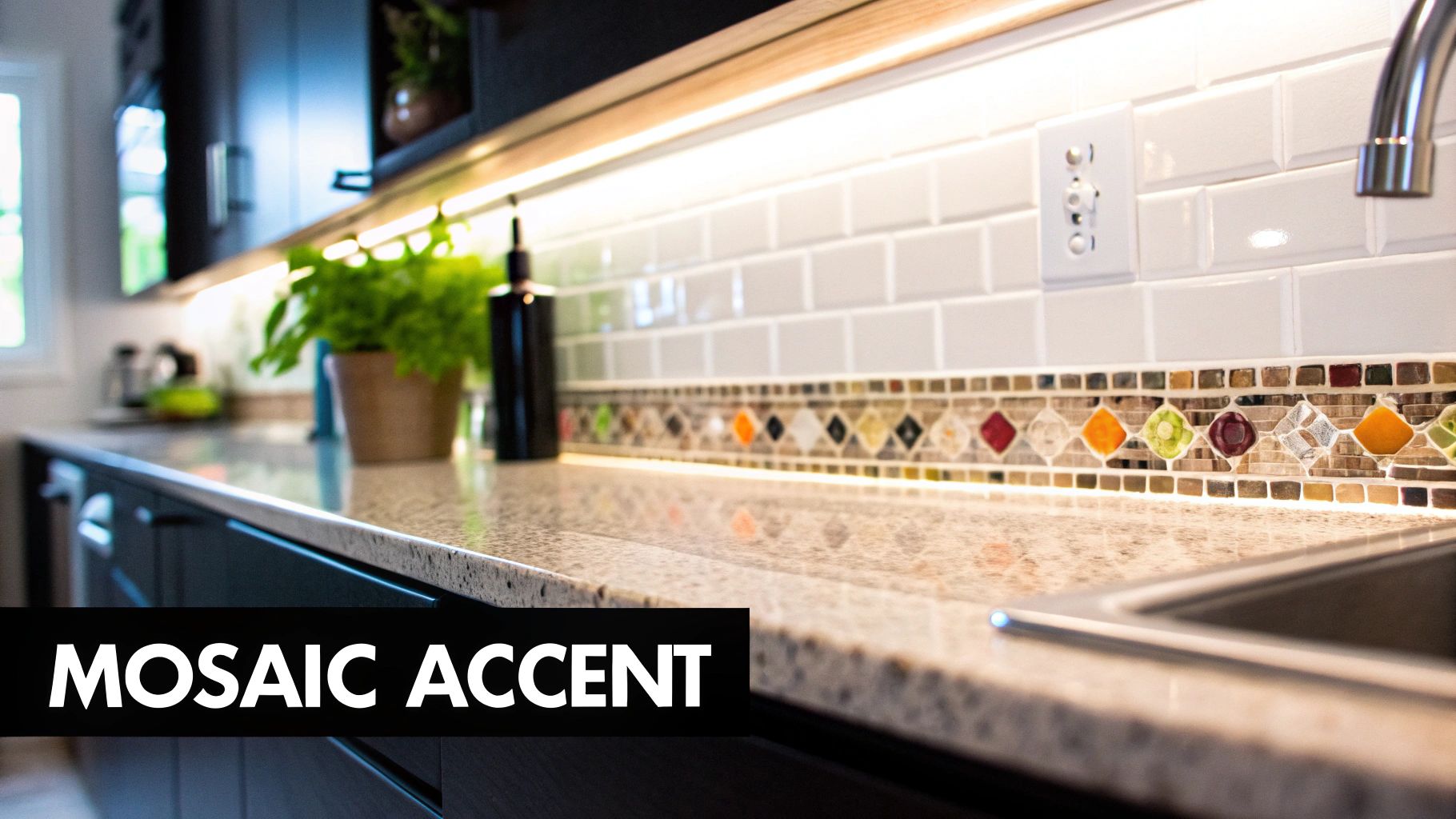 Modern kitchen with white subway tile backsplash, colorful mosaic accent, granite countertop, and under-cabinet lighting.