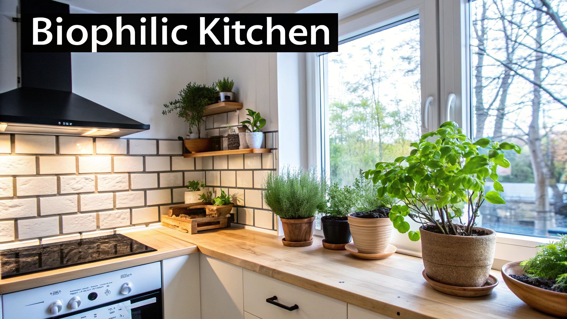 A bright biophilic kitchen featuring a wooden countertop, white subway tiles, and numerous potted green plants near a window.