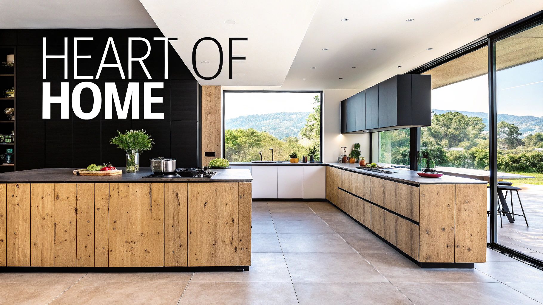 Modern kitchen with black and light wood cabinets, an island, and a large window overlooking nature.