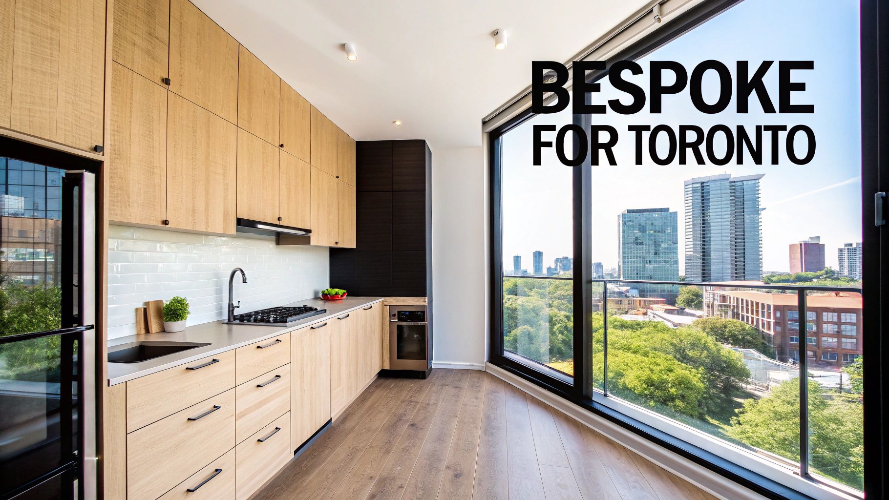 Modern kitchen featuring light wood cabinets, white subway tile backsplash, and a large window overlooking Toronto.