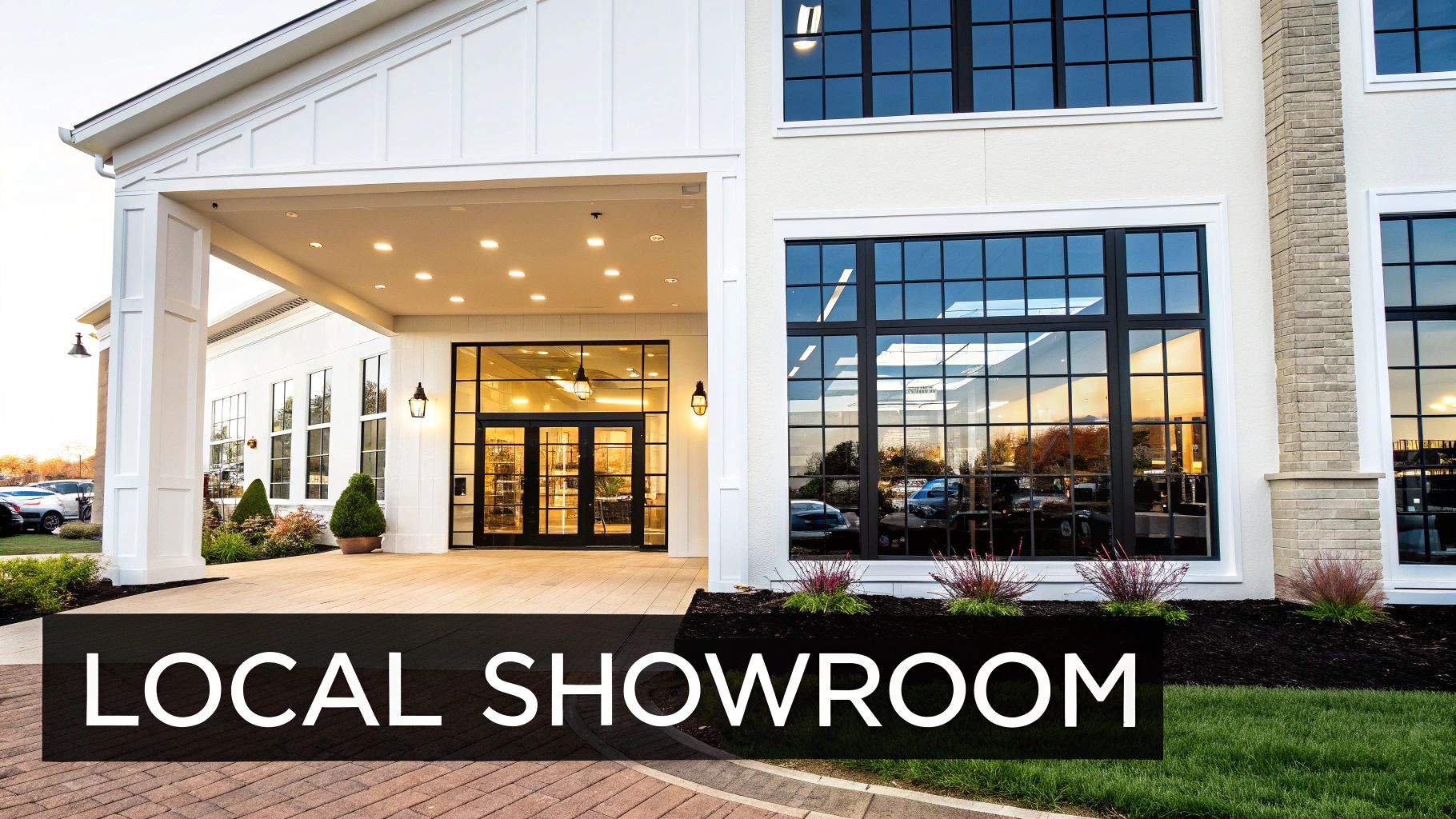 Exterior view of a modern showroom building with large black-framed windows, an inviting entrance, and landscaping.